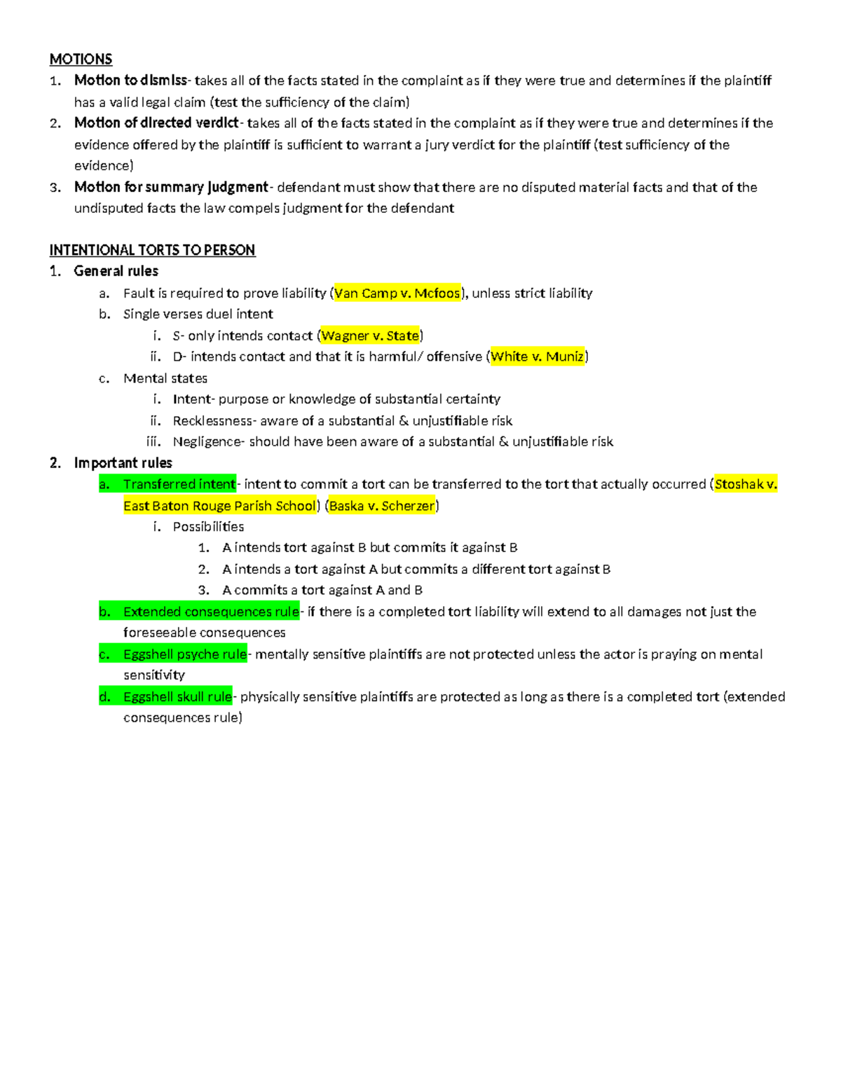 Torts Outline for Exams (LAW 101) - Key Concepts and Defenses - Studocu