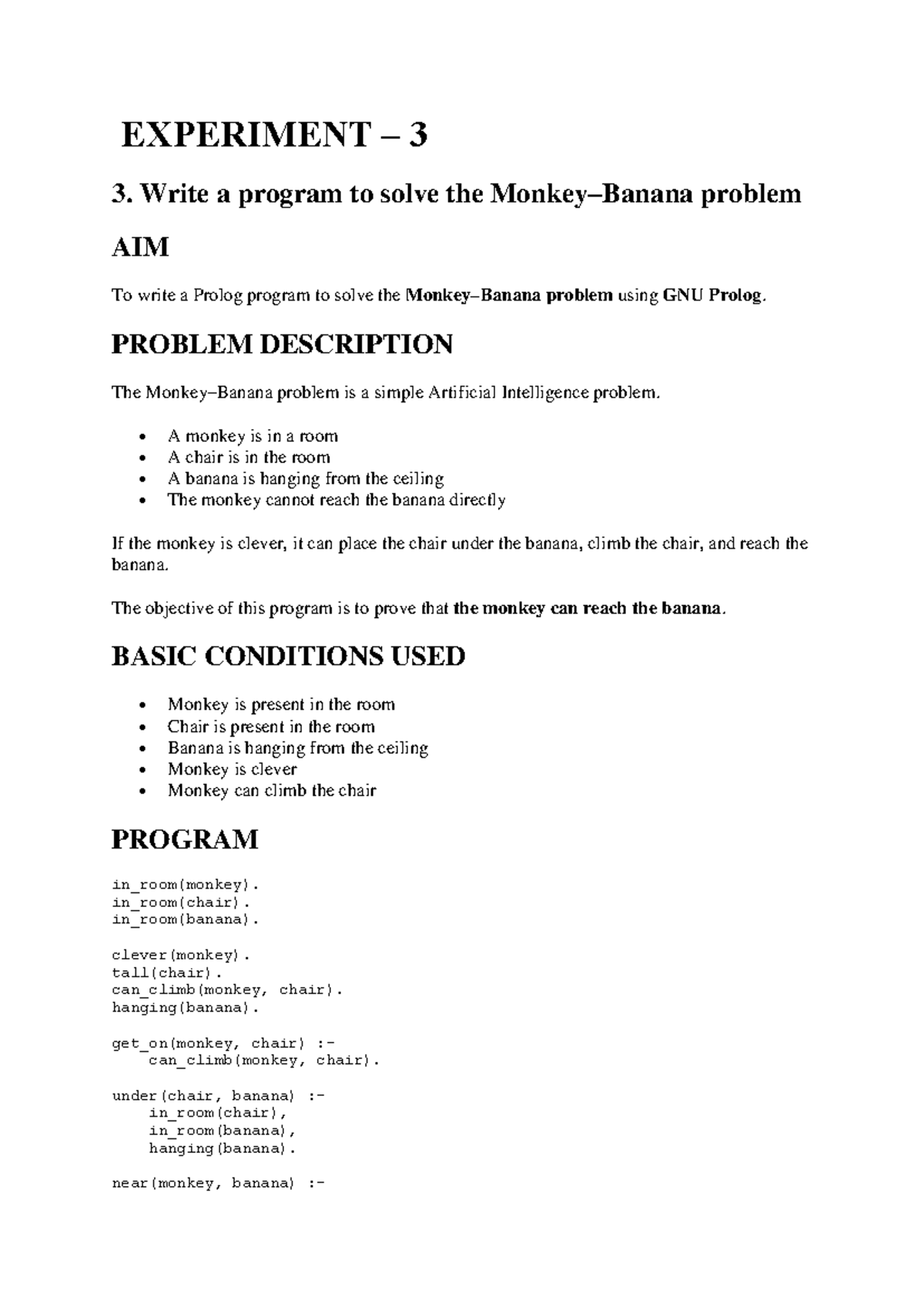 SDC Prolog Program 3: Solving the Monkey and Banana Problem - Studocu