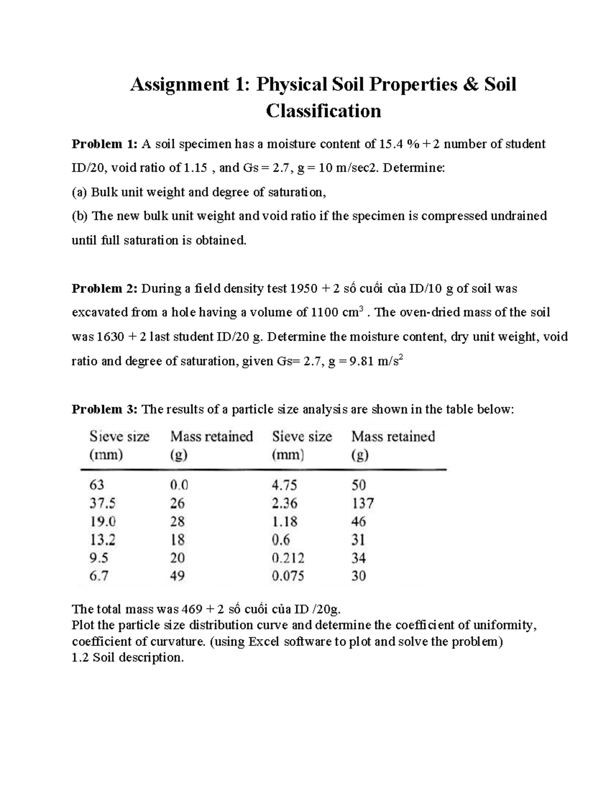 Assignment 1: Physical Soil Properties & Classification EX1 - Studocu