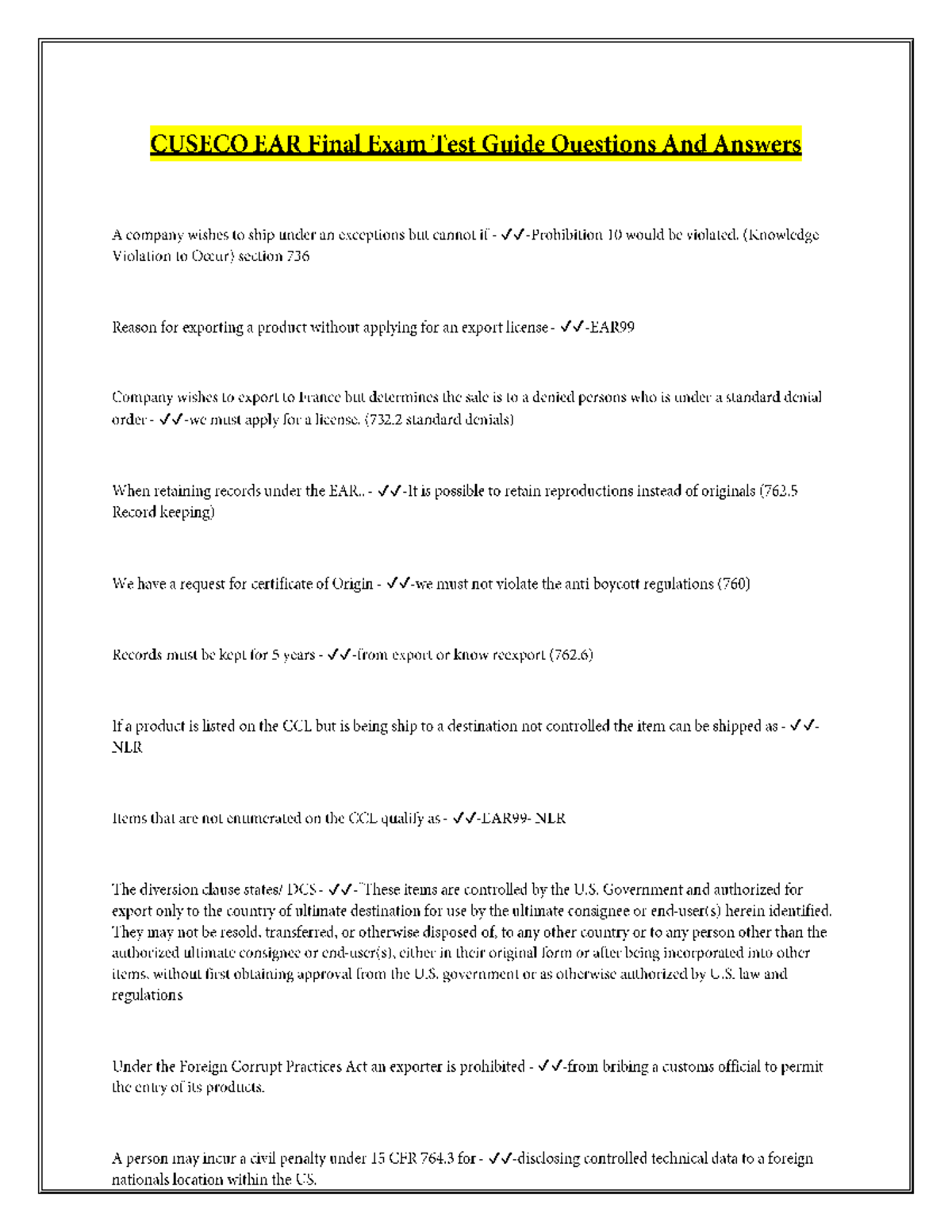Cuseco EAR Final Exam Study Guide: Key Concepts & Regulations - Studocu