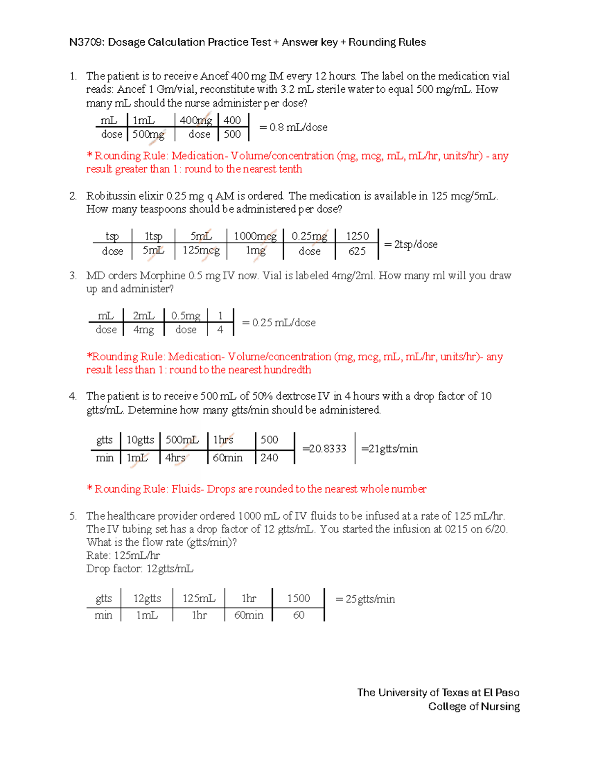 N3709: Dosage Calculation Practice Exam Answer Key & Rounding Rules ...