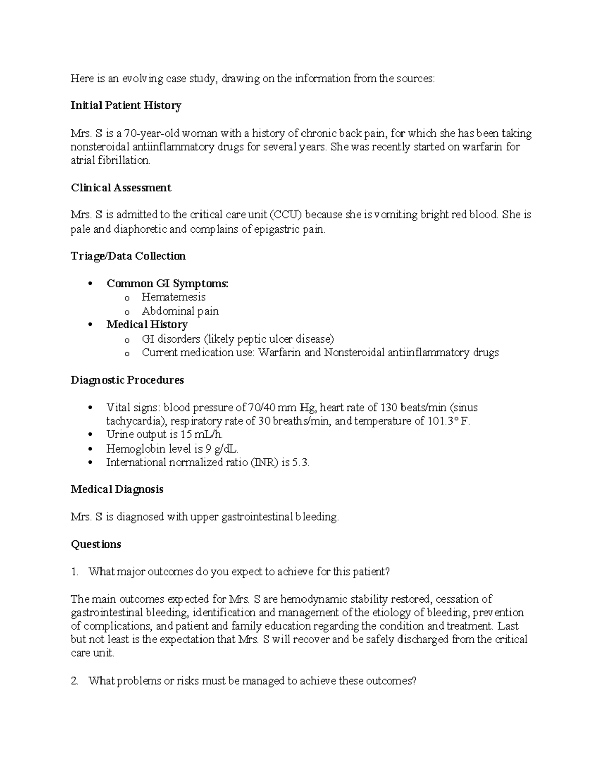 GI Case Study: Management of Upper GI Bleeding in Mrs. S (Critical Care ...