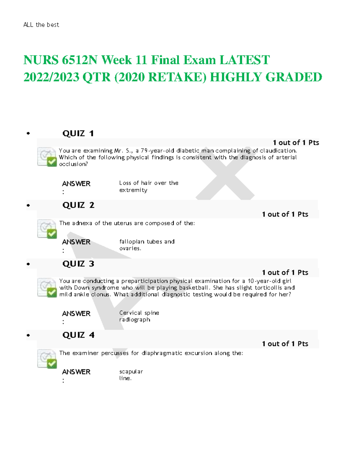 NURS 6512 Advanced Health Assessment Week 11 Final Exam Review - Studocu