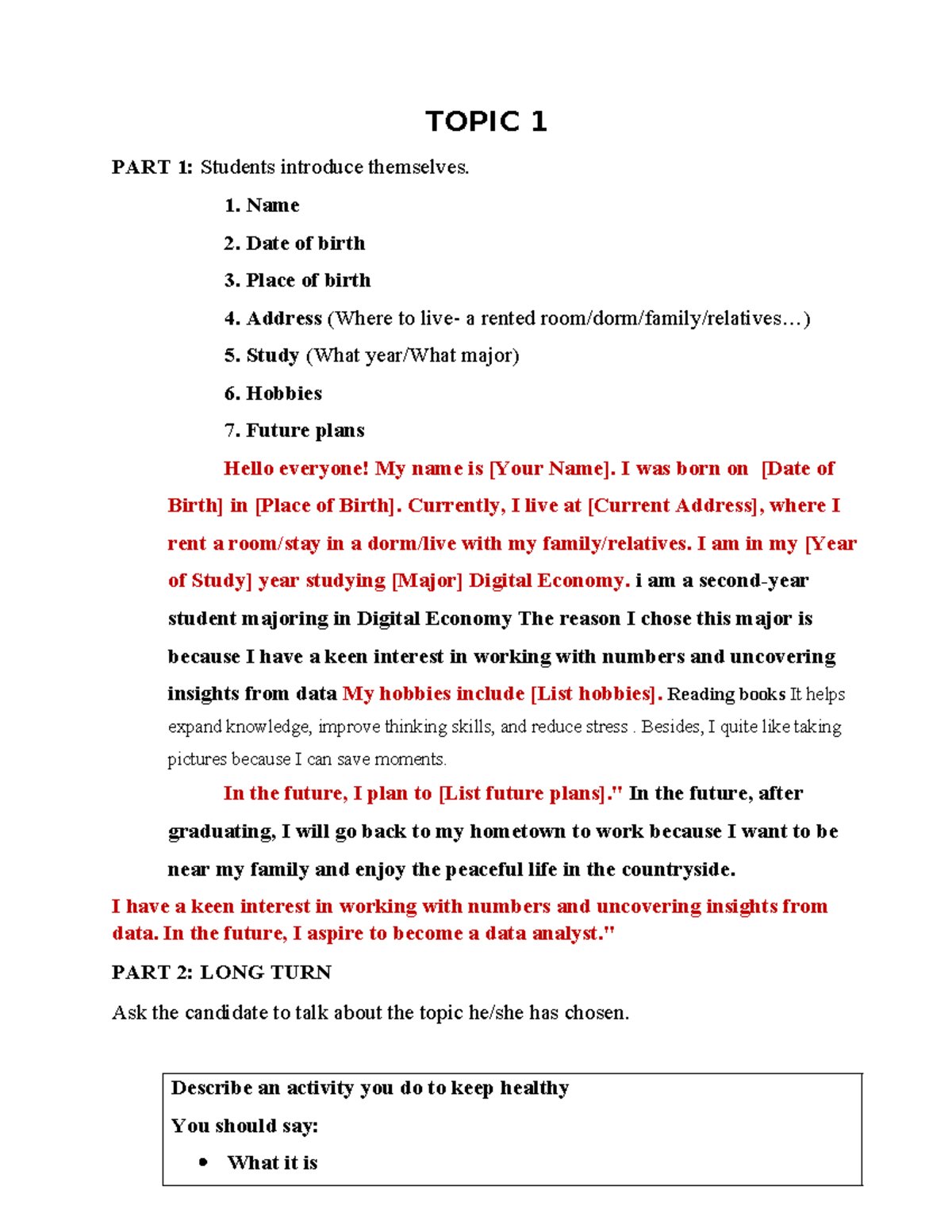 Speaking Test TA2 AAA - Self-Introduction and Environmental Issues ...