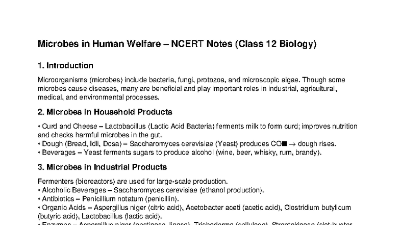 Microbes in Human Welfare: NCERT Notes for Class 12 Biology - Studocu