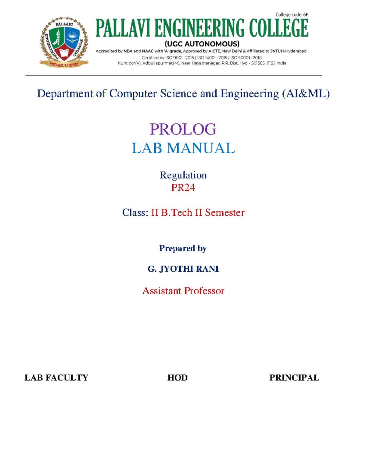 Prolog Lab Manual for B.Tech II Year II Sem (PAM409PC) - Studocu