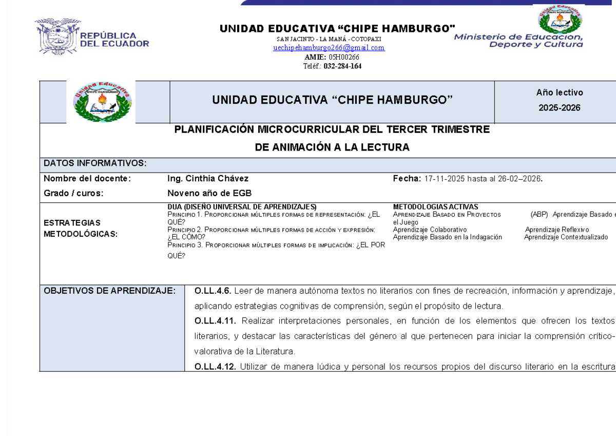 9NO - Planificación Microcurricular: Animación a la Lectura 3ER Trimestre - Document Preview