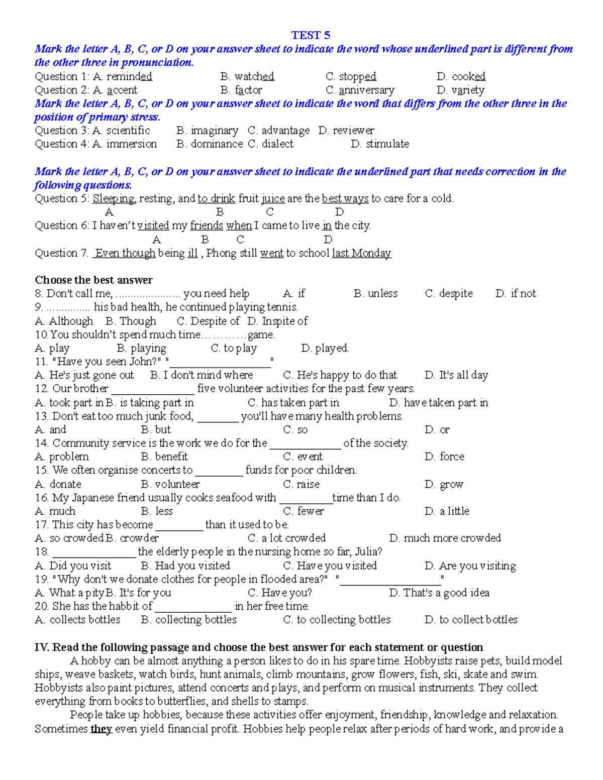 TEST 5 1 - Test 98 3 - TEST 5 Mark the letter A, B, C, or D on your ...