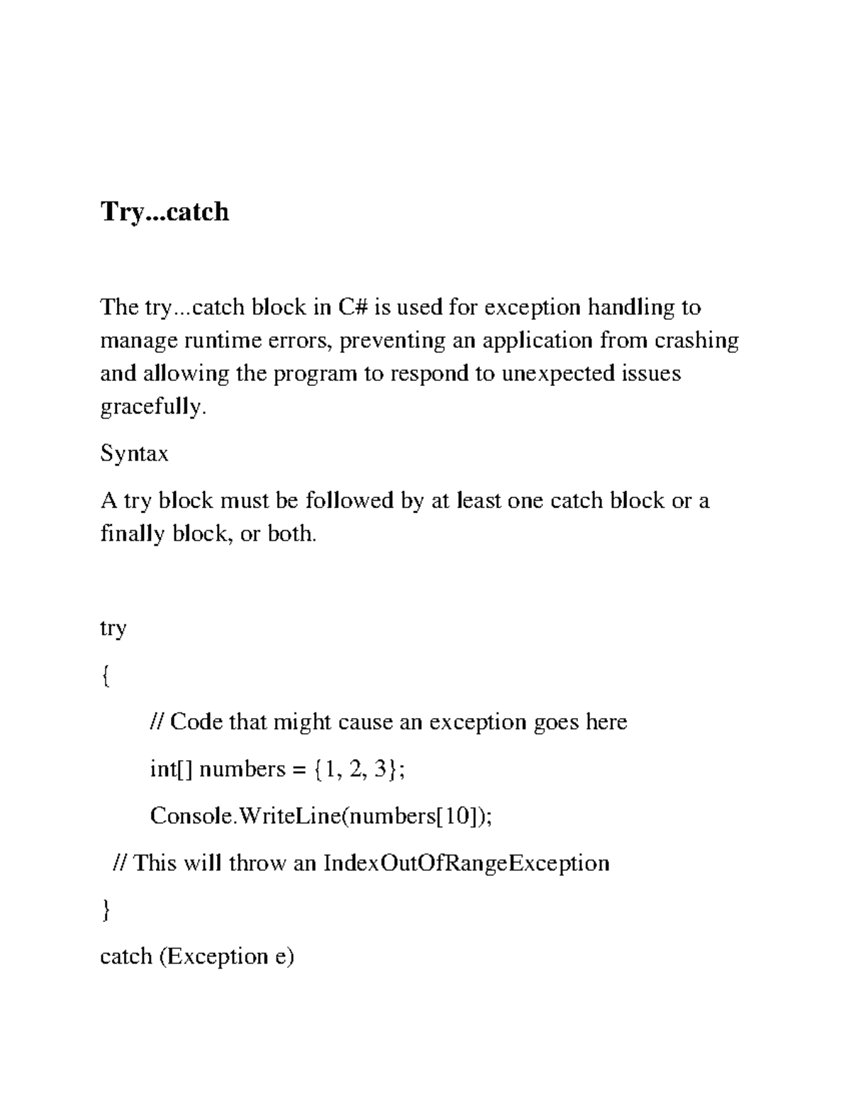 ENUM Notes: Exception Handling & Try...Catch Basics - Studocu
