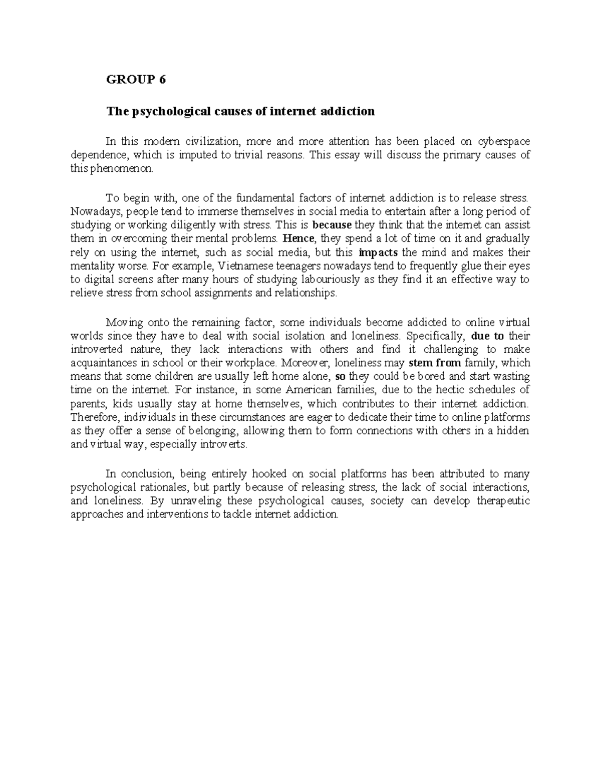 Group 6 - Psychological Causes of Internet Addiction (AE1 Essay) - Studocu
