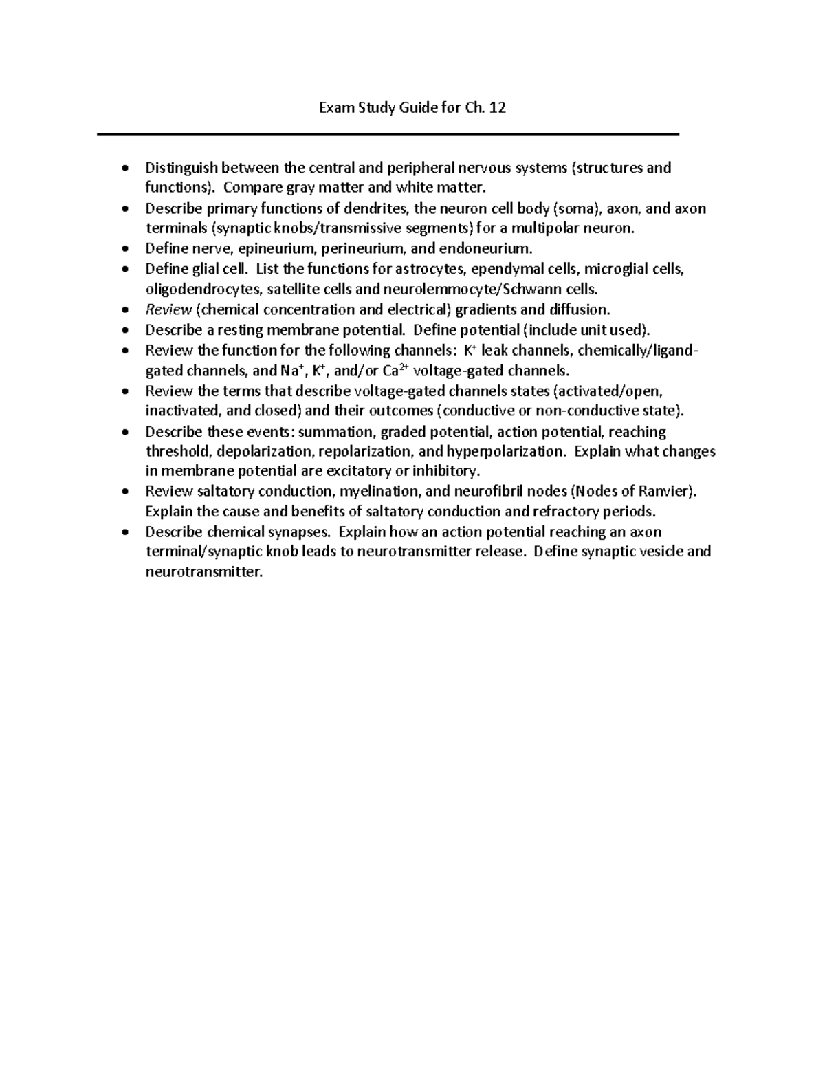 Exam Study Guide: Nervous System & Neuron Functions (Ch. 12) - Studocu