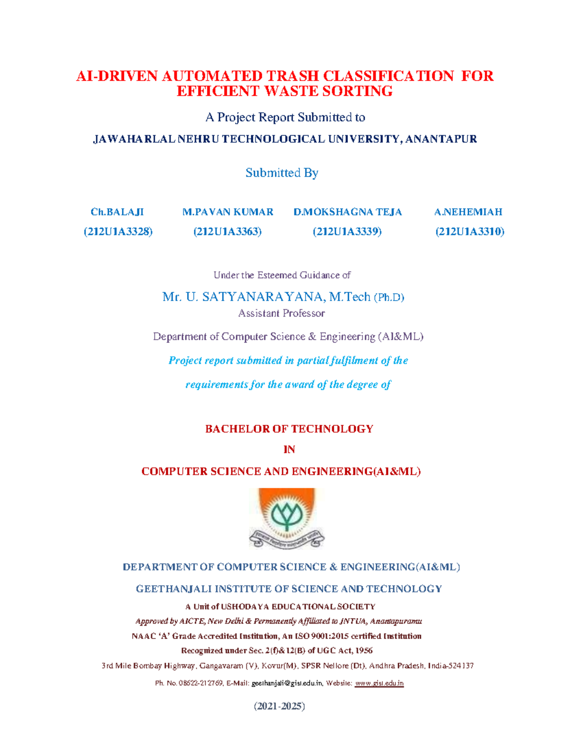 Automated Trash Classification Project Report for B.Tech in CSE ...