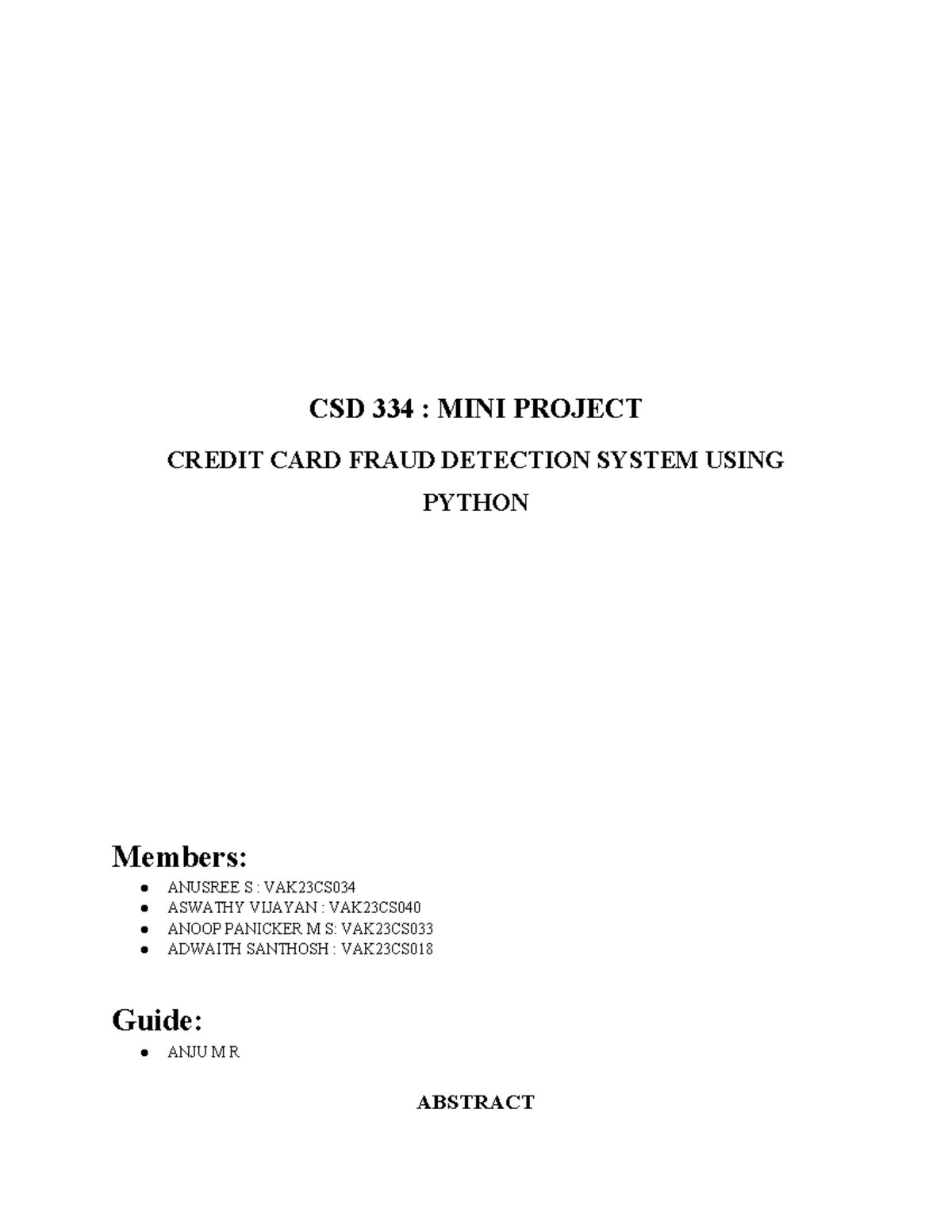 CSD 334: Mini Project on Credit Card Fraud Detection System - Studocu