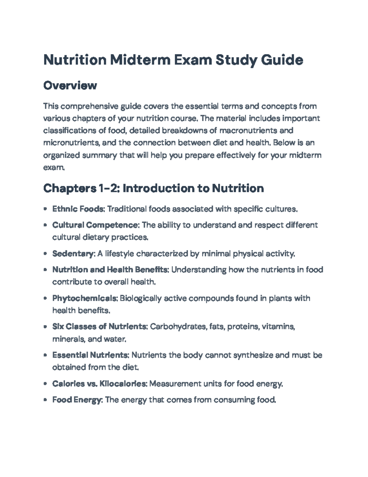 Nutrition 101: Midterm Exam Study Guide for Essential Concepts ...