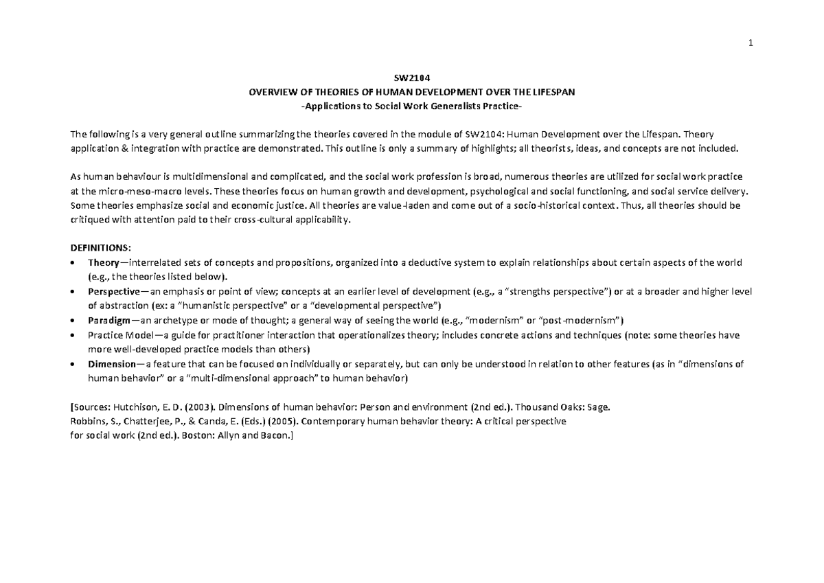SW2104 Overview of Human Development Theories for Social Work - Studocu