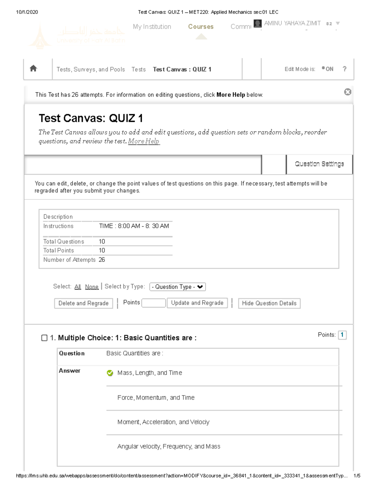 Quiz 1 Questions & Answers - HMET Test - Oct 5, 2020 - Studocu