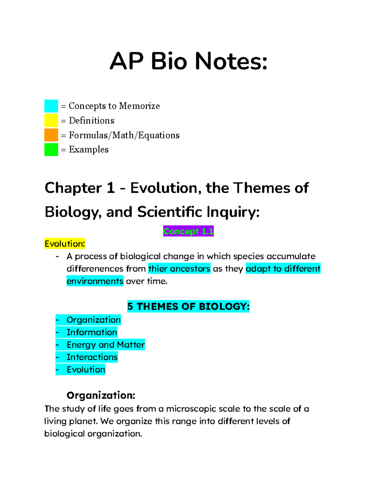 AP Bio Notes: Chapter 1 - Evolution, Themes of Biology & Inquiry - Studocu