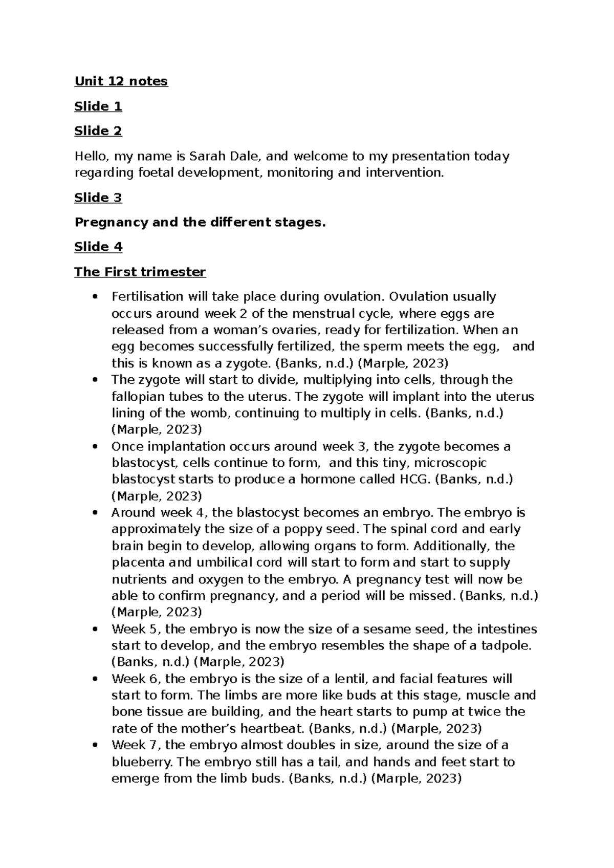 Unit 12 - Fetal Development and Monitoring Presentation Notes - Studocu