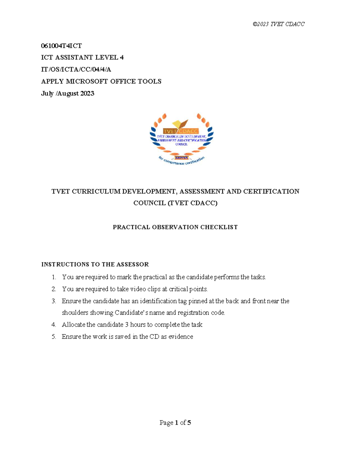 TVET CDACC 061004T4ICT ICT ASSISTANT LEVEL 4 Practical Checklist for MS ...