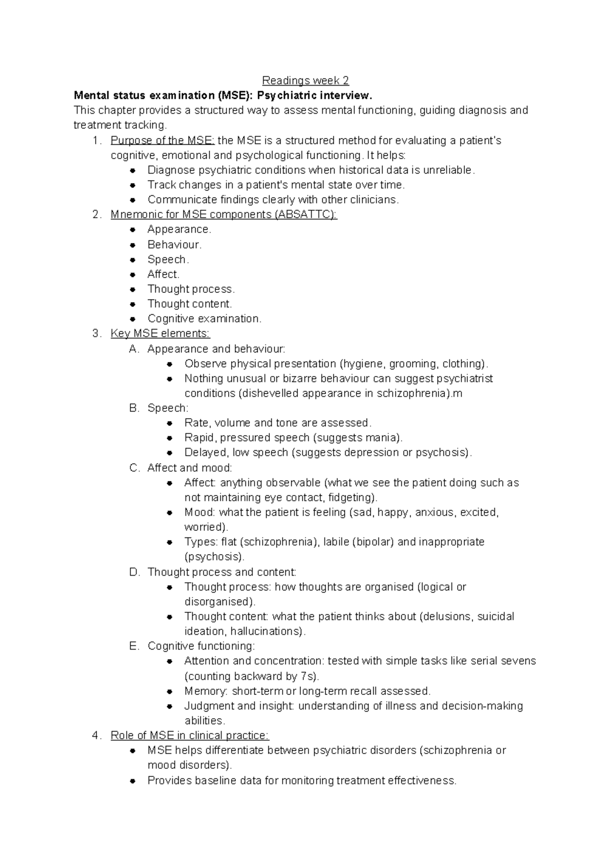 Mental readings (week 2) - Readings week 2 Mental status examination ...