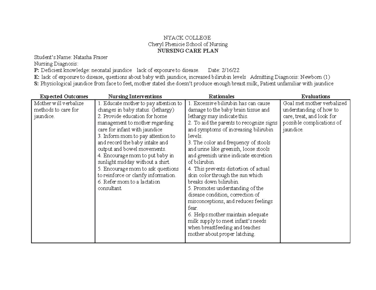 NURS 210 Newborn Care Plan: Management of Neonatal Jaundice - Studocu
