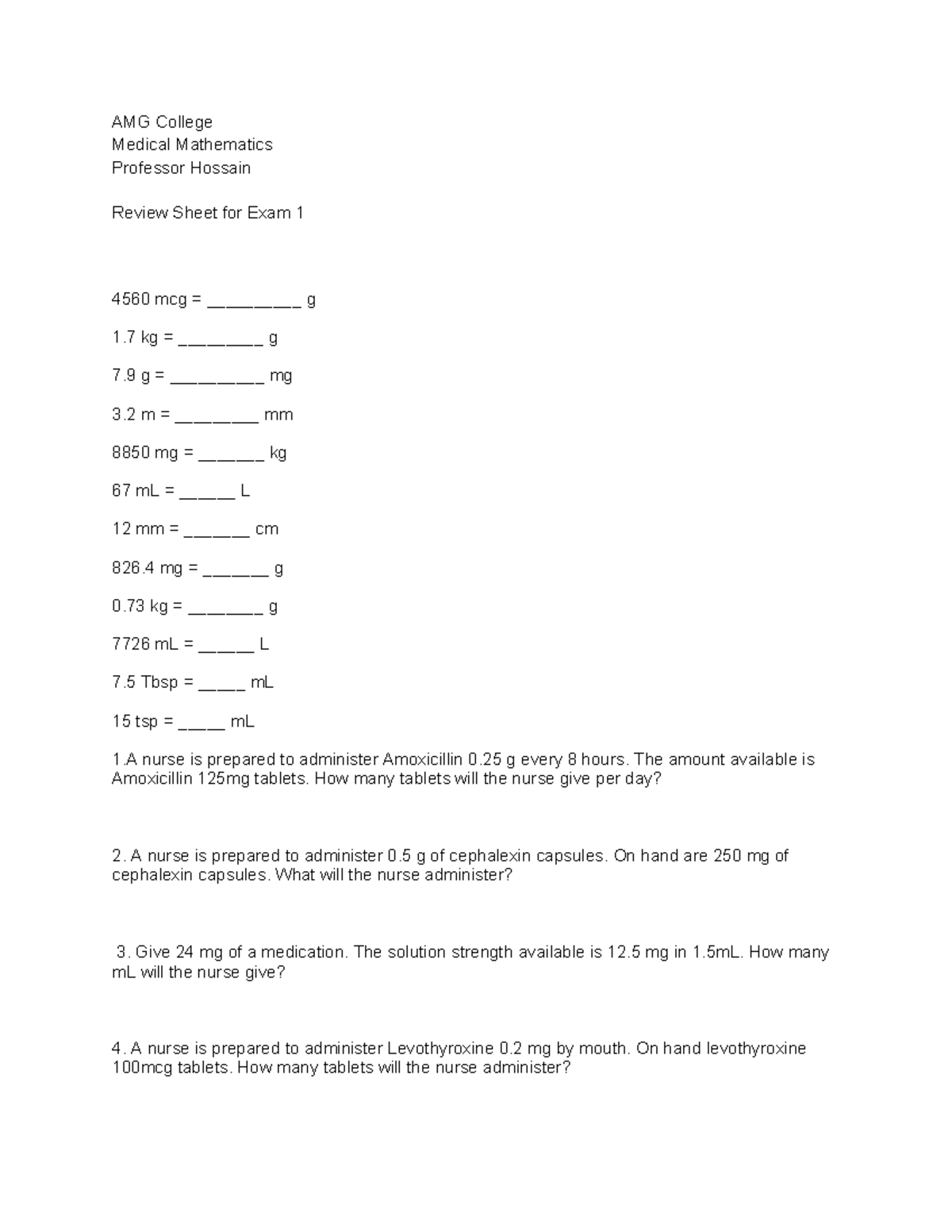 AMG 4560 Medical Math Exam 1 Review Sheet and Practice Questions Studocu