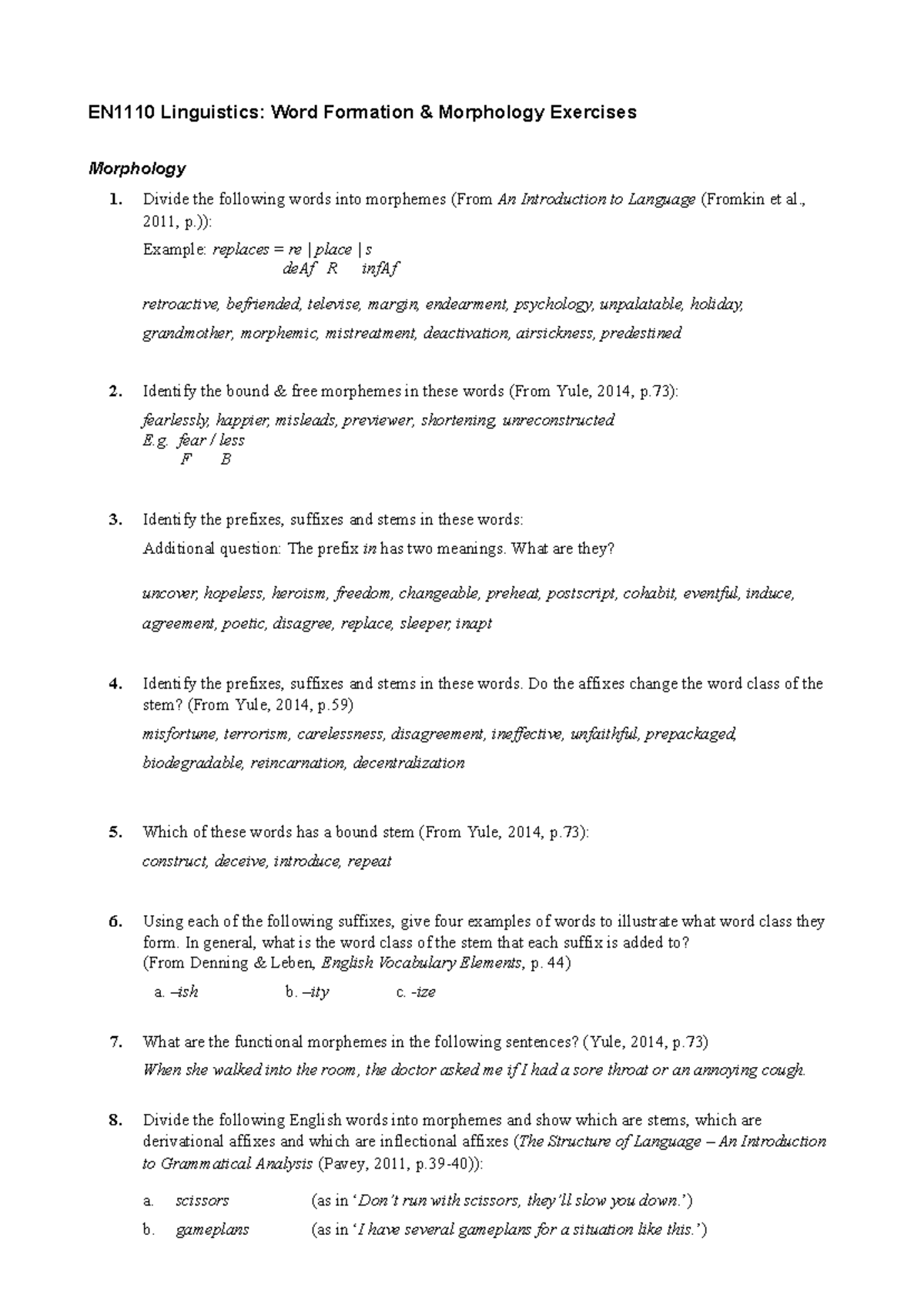 Exercises on Morphology and Word Formation in EN1 110 - Studocu