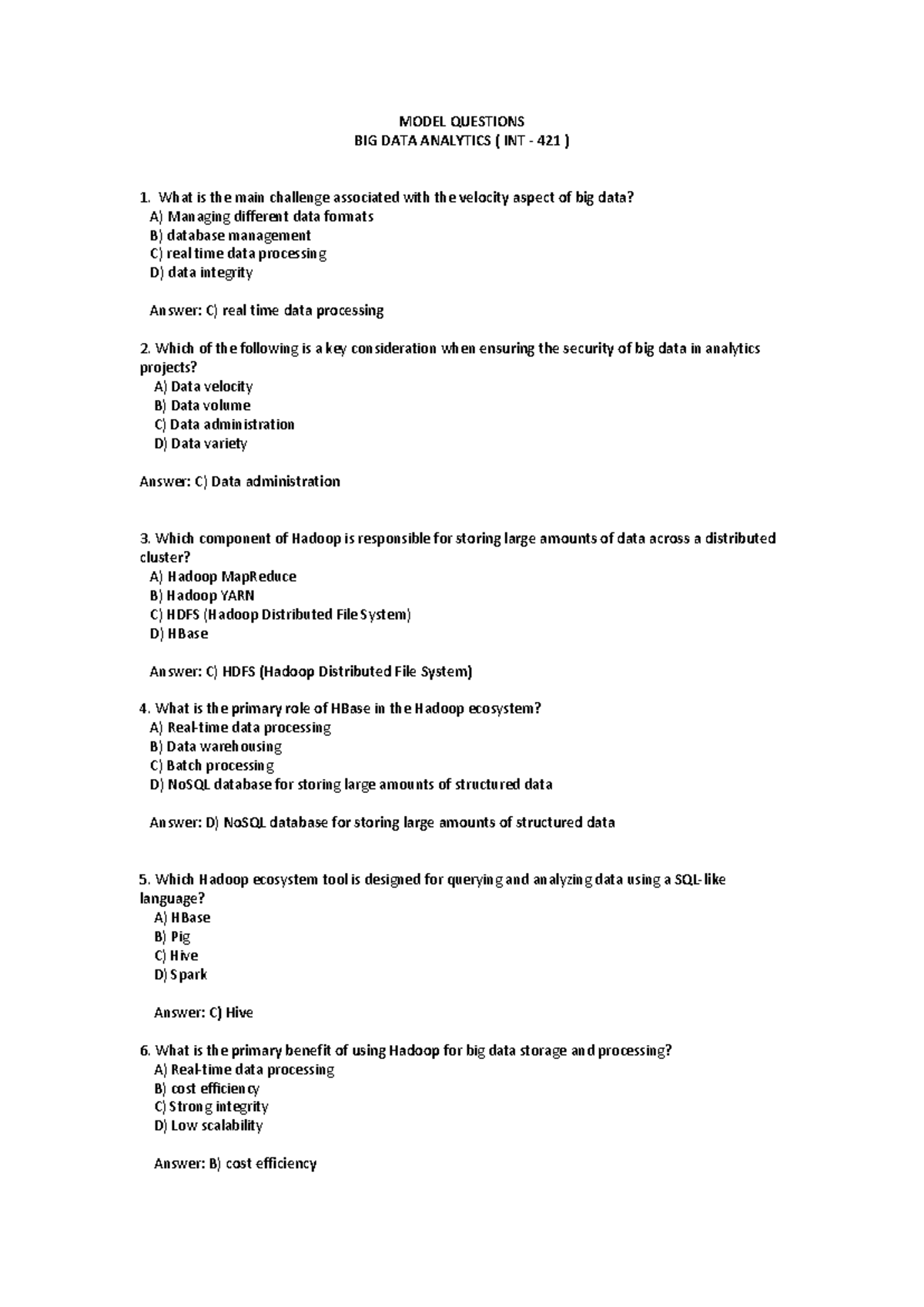 INT-421 Big Data Analytics: Sample Questions & Model Answers - Studocu