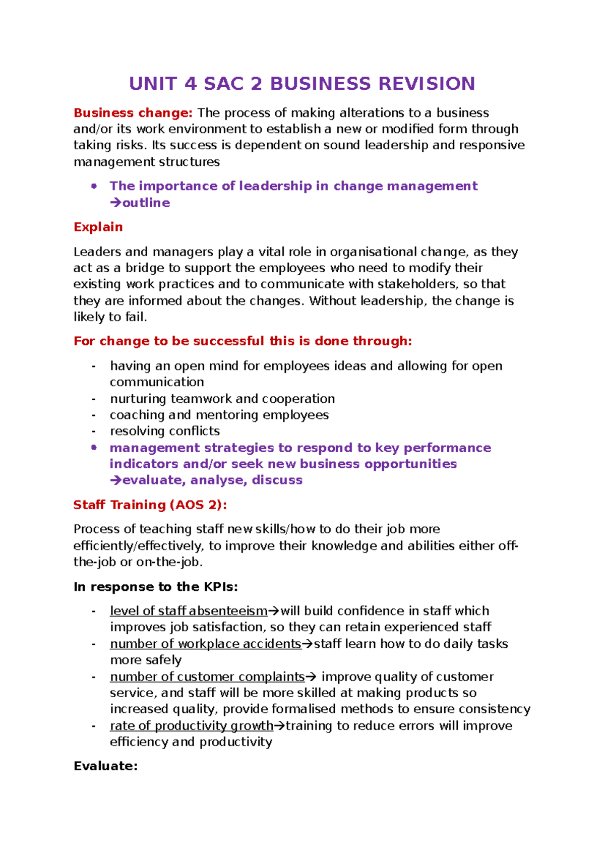 UNIT 4 SAC 2 Business Change Management Revision Notes - Studocu