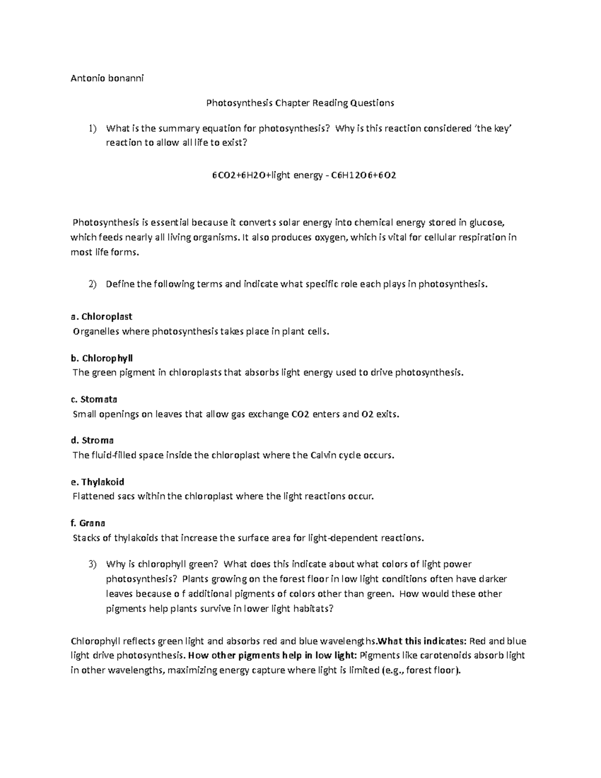 Photosynthesis Concepts and Chapter Reading Questions (Biology 101 ...