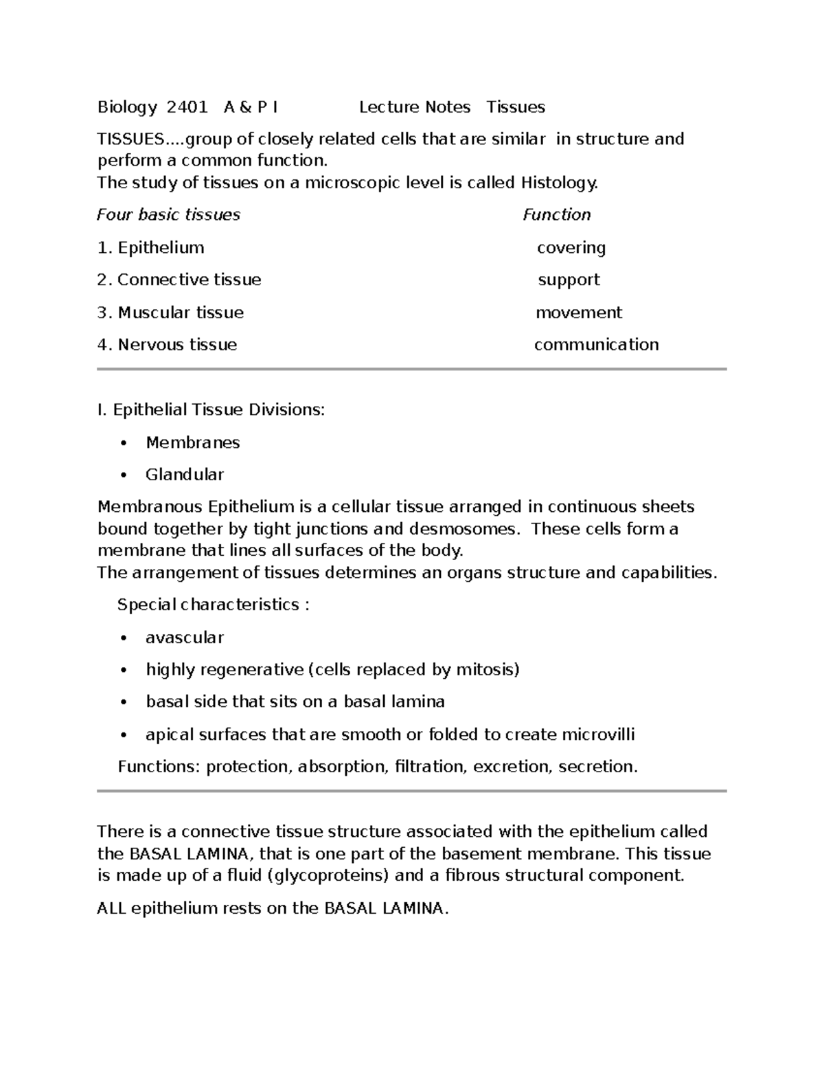 Biology 2401 A P I Lecture Notes: Tissues Overview and Functions - Studocu