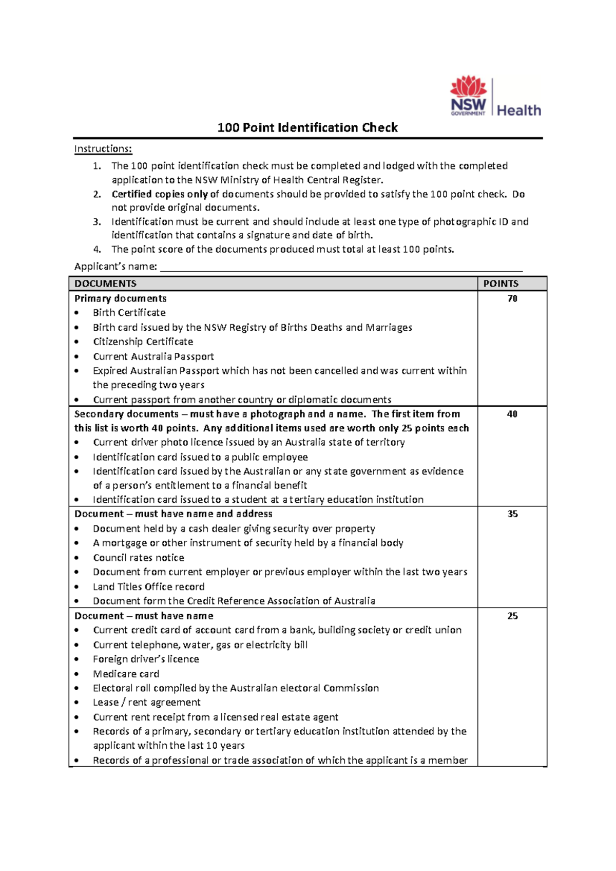 NSW Health 100-Point ID Check Instructions for Opal Aged Care - Studocu
