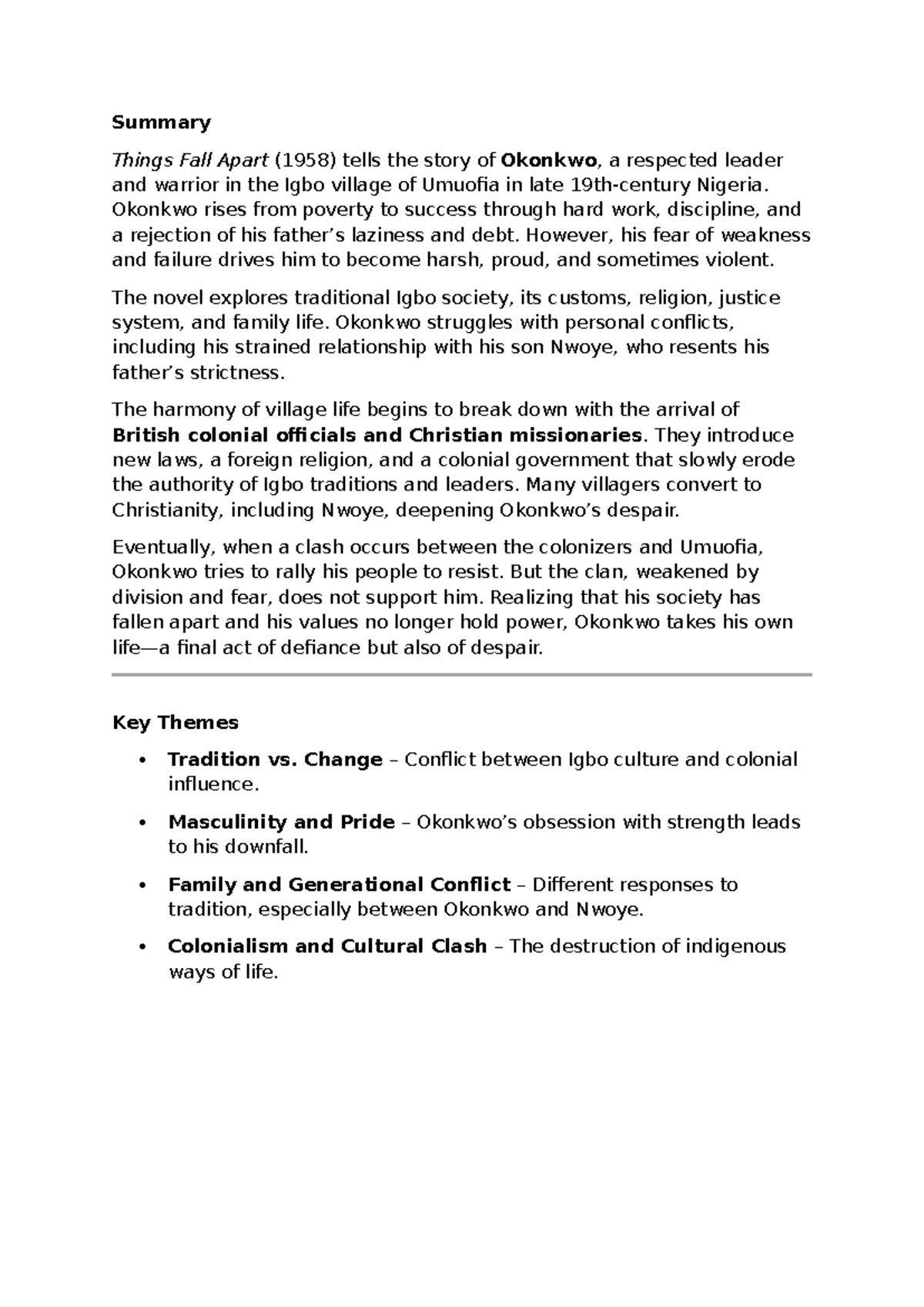 TFA Summary: Themes and Conflicts in Things Fall Apart - Studocu