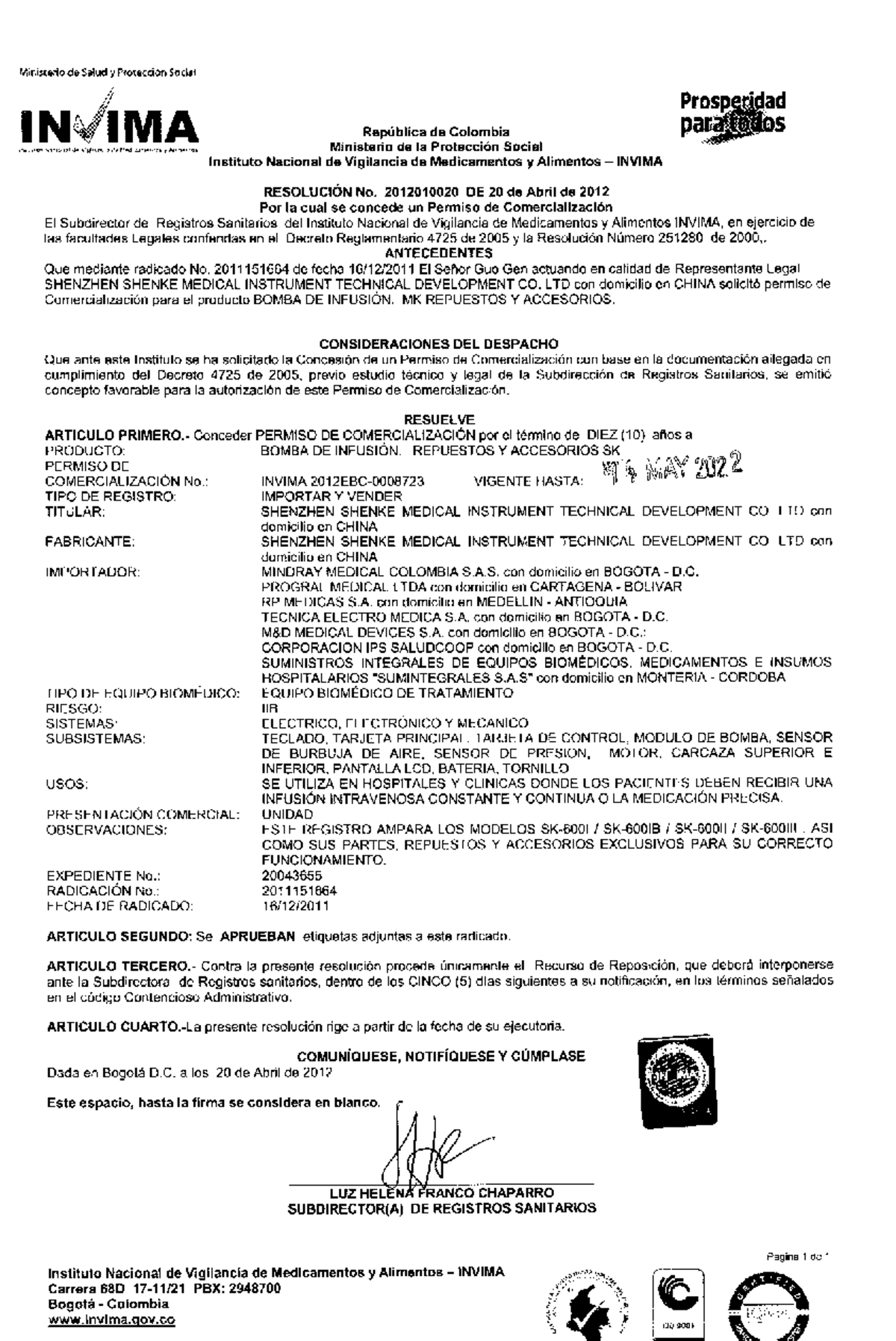 Permiso de Comercialización de Bombas de Infusión SK600 - INVIMA 2012 - Document Preview
