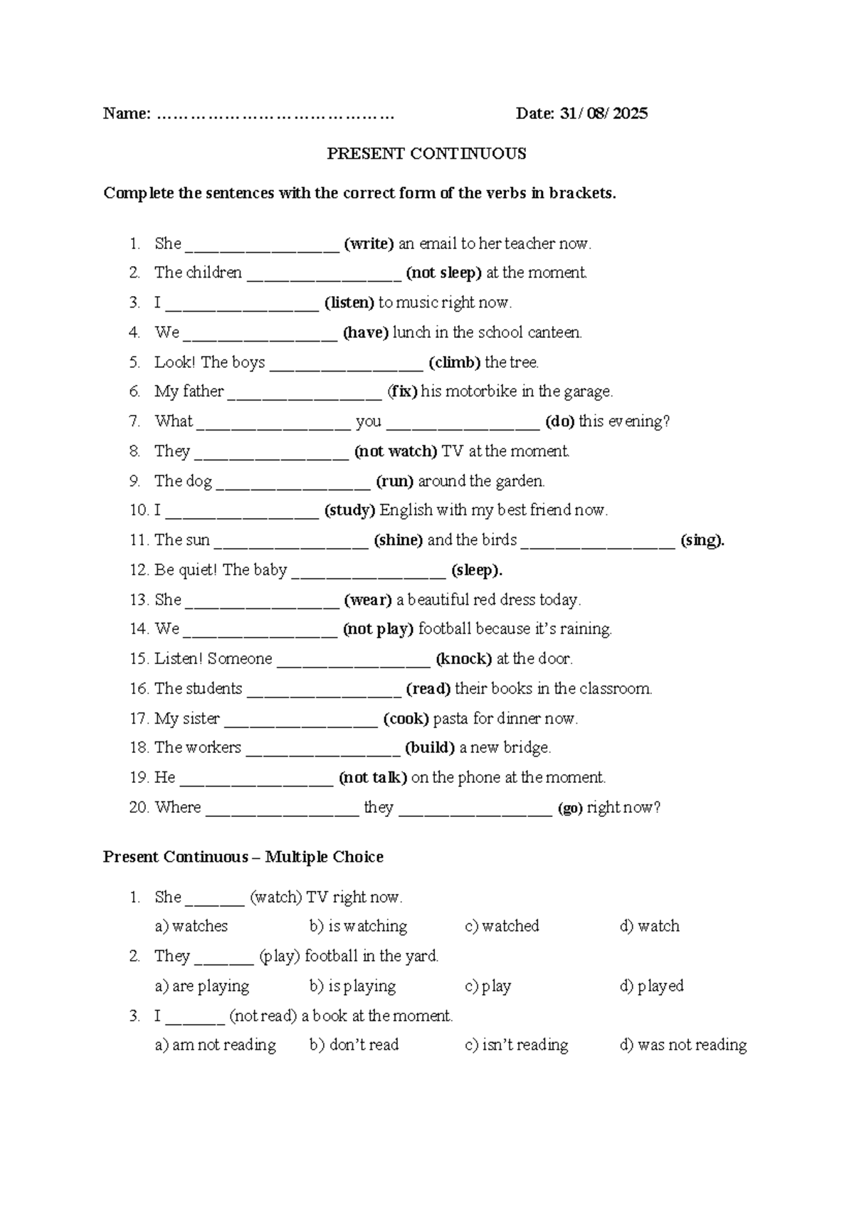 Present Continuous - Grammar Exercises and Practice - Studocu