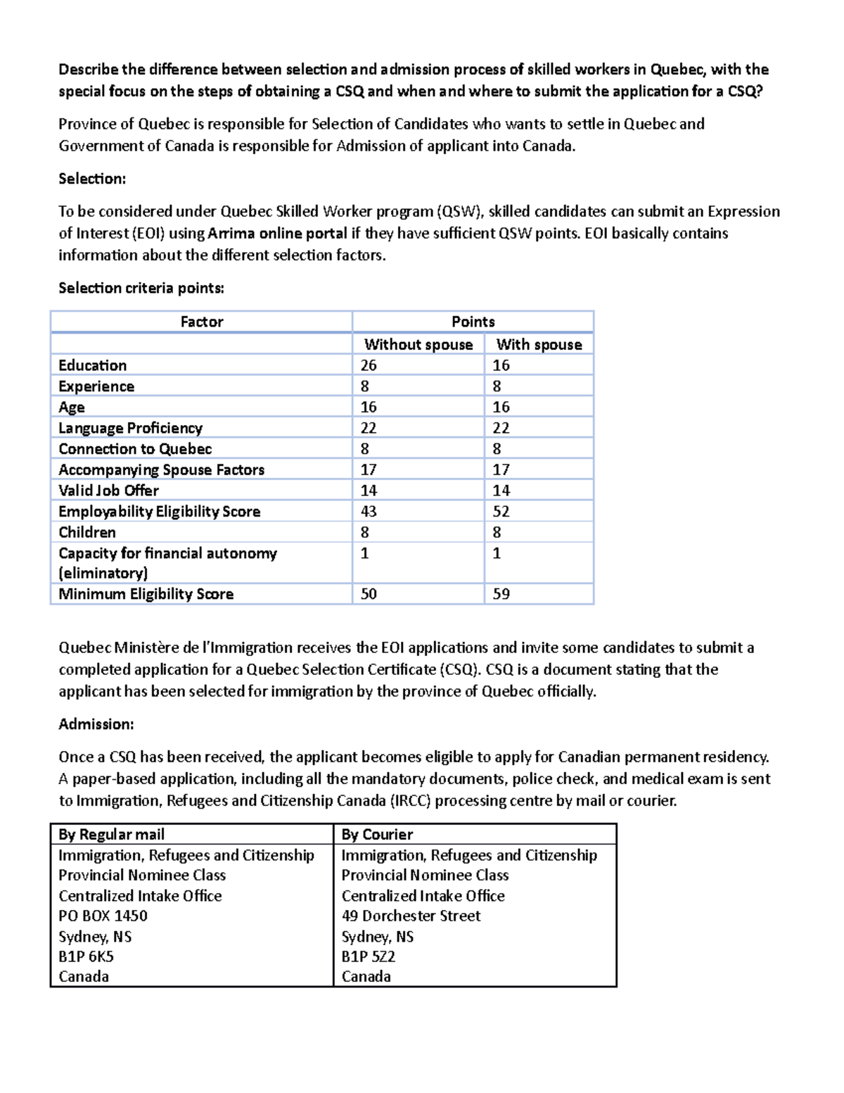 Quebec Skilled Worker Program (QSW): CSQ Selection vs. Admission ...