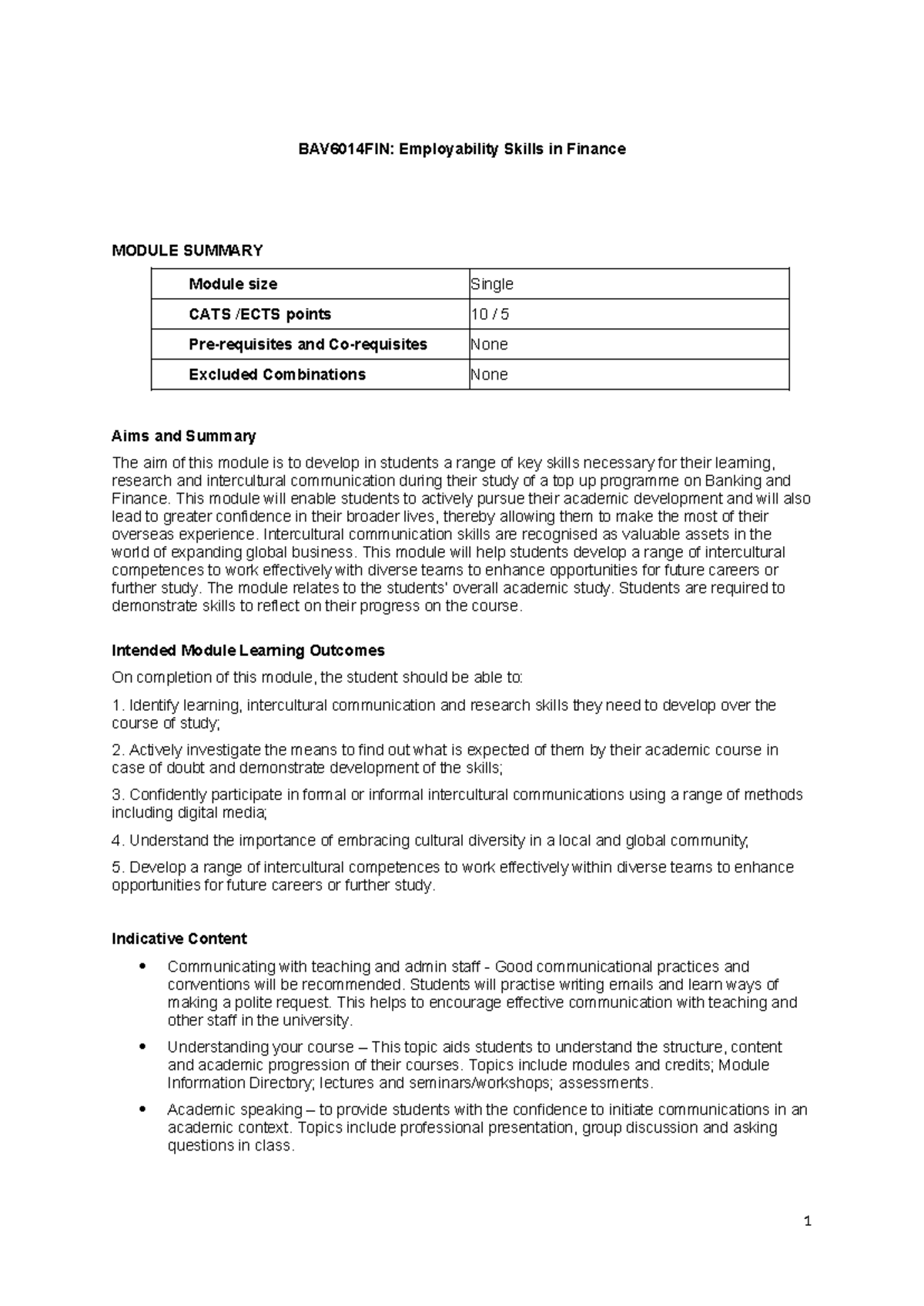 BAV6014FIN: Summary of Employability Skills in Finance Module - Studocu