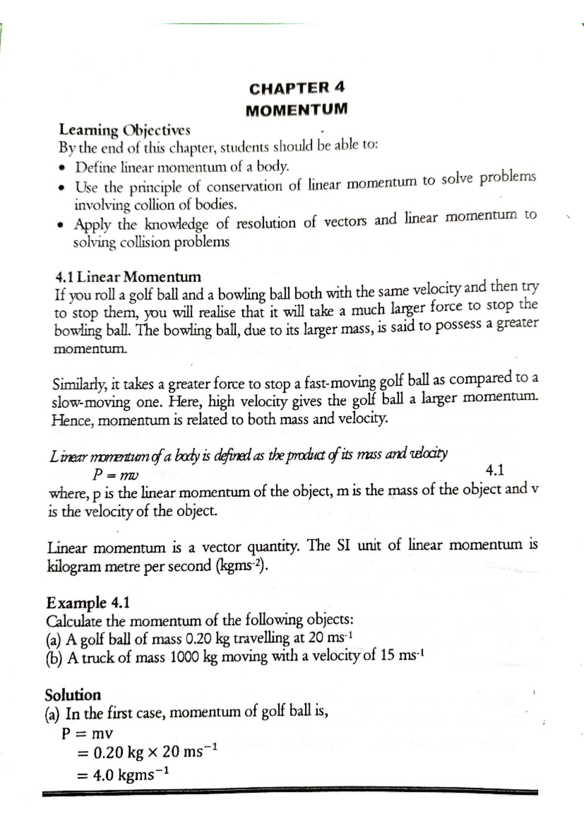 CHAPTER 4: MOMENTUM - Lecture Notes on Linear Momentum and Collisions ...