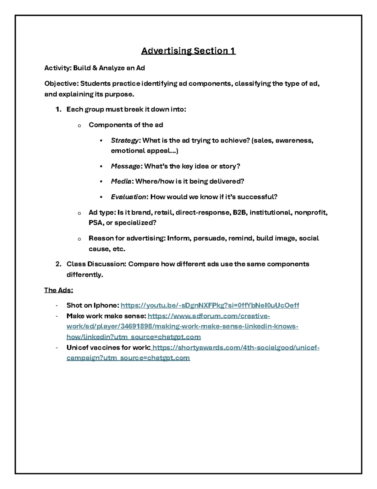 Advertising Section 1 Activity: Analyzing Ad Components and Strategies ...