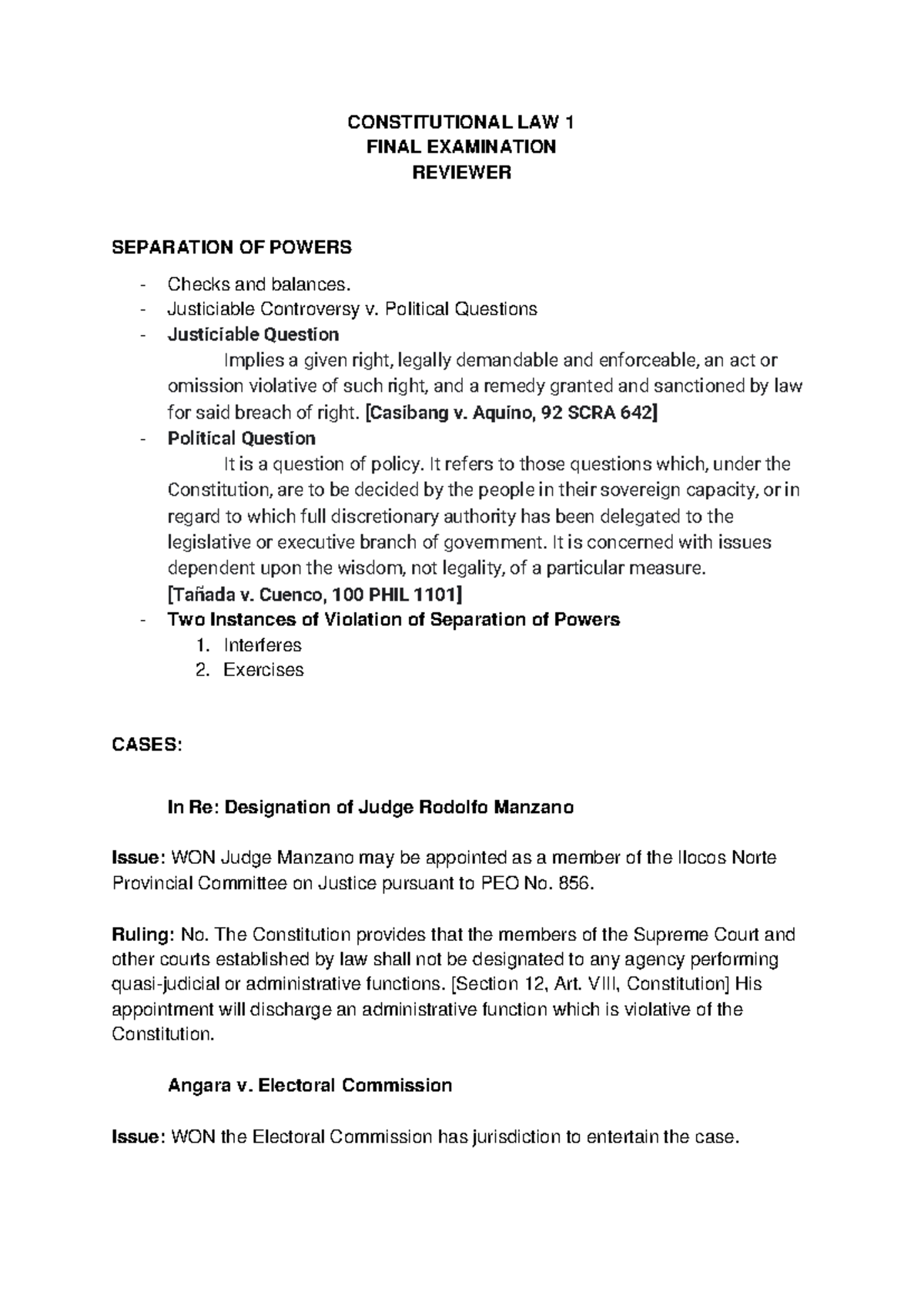 Constitutional Law 1 - Final Exam Reviewer & Key Cases Summary - Studocu