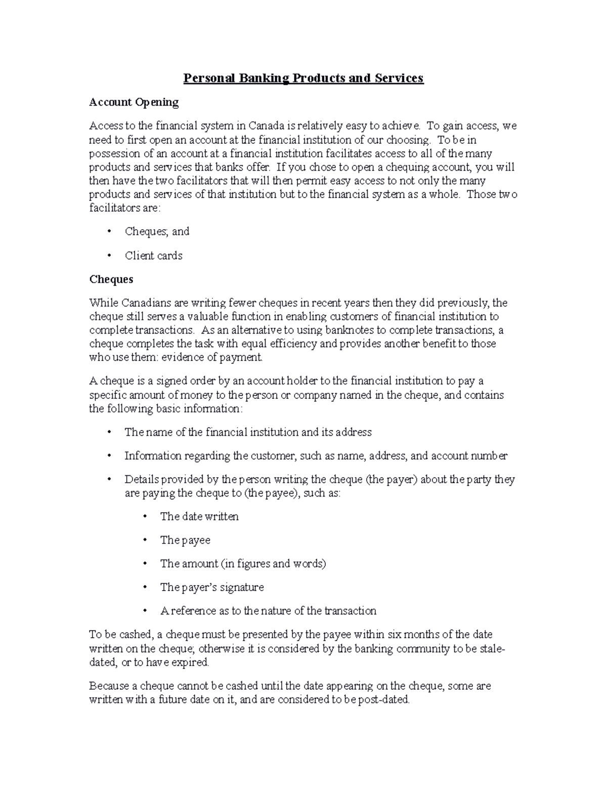 Personal Banking Products and Services Notes - Personal Banking ...