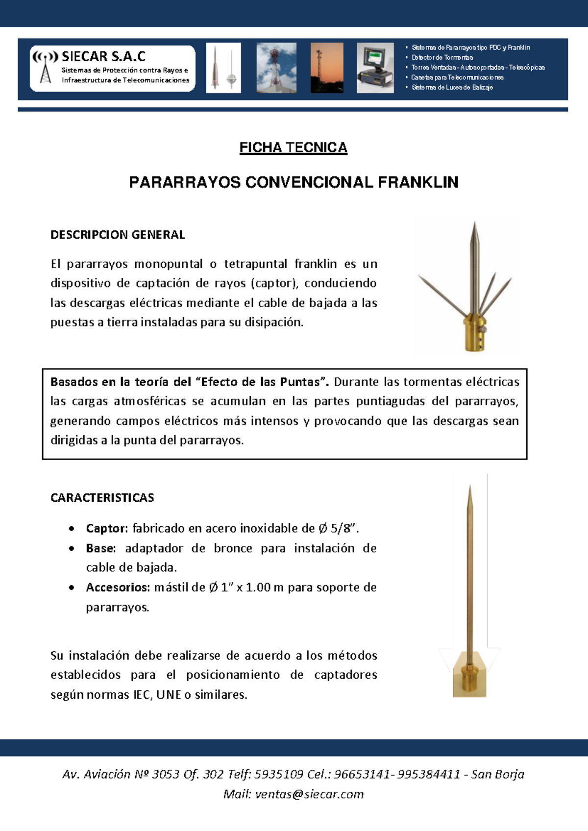 Ficha Técnica del Pararrayos Convencional Franklin - SIECAR S.A.C ...