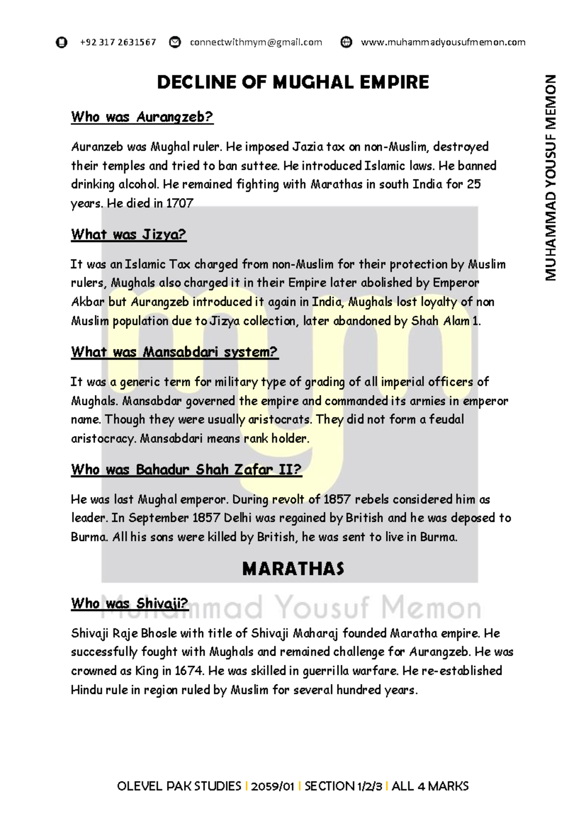 4 Marks - Key Concepts on the Decline of the Mughal Empire - Studocu