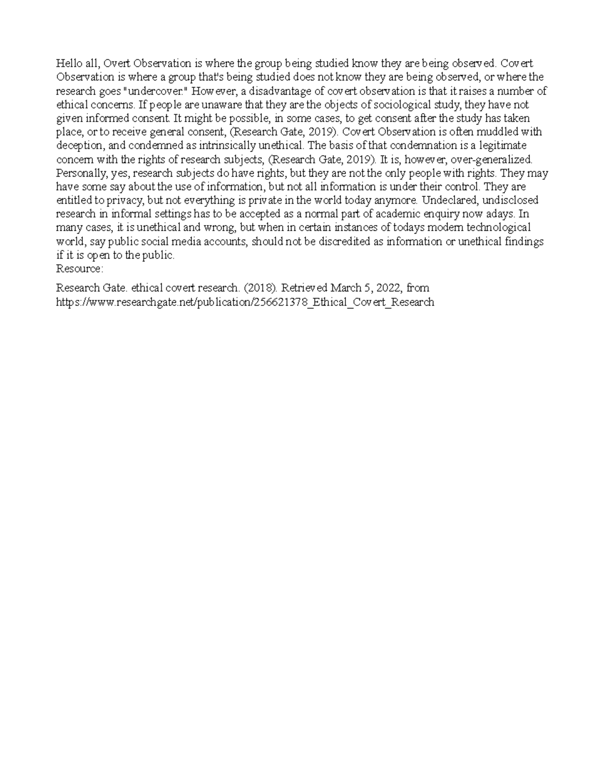 Gov-358 DQ 12 - Overt vs Covert Observation in Research Ethics - Studocu