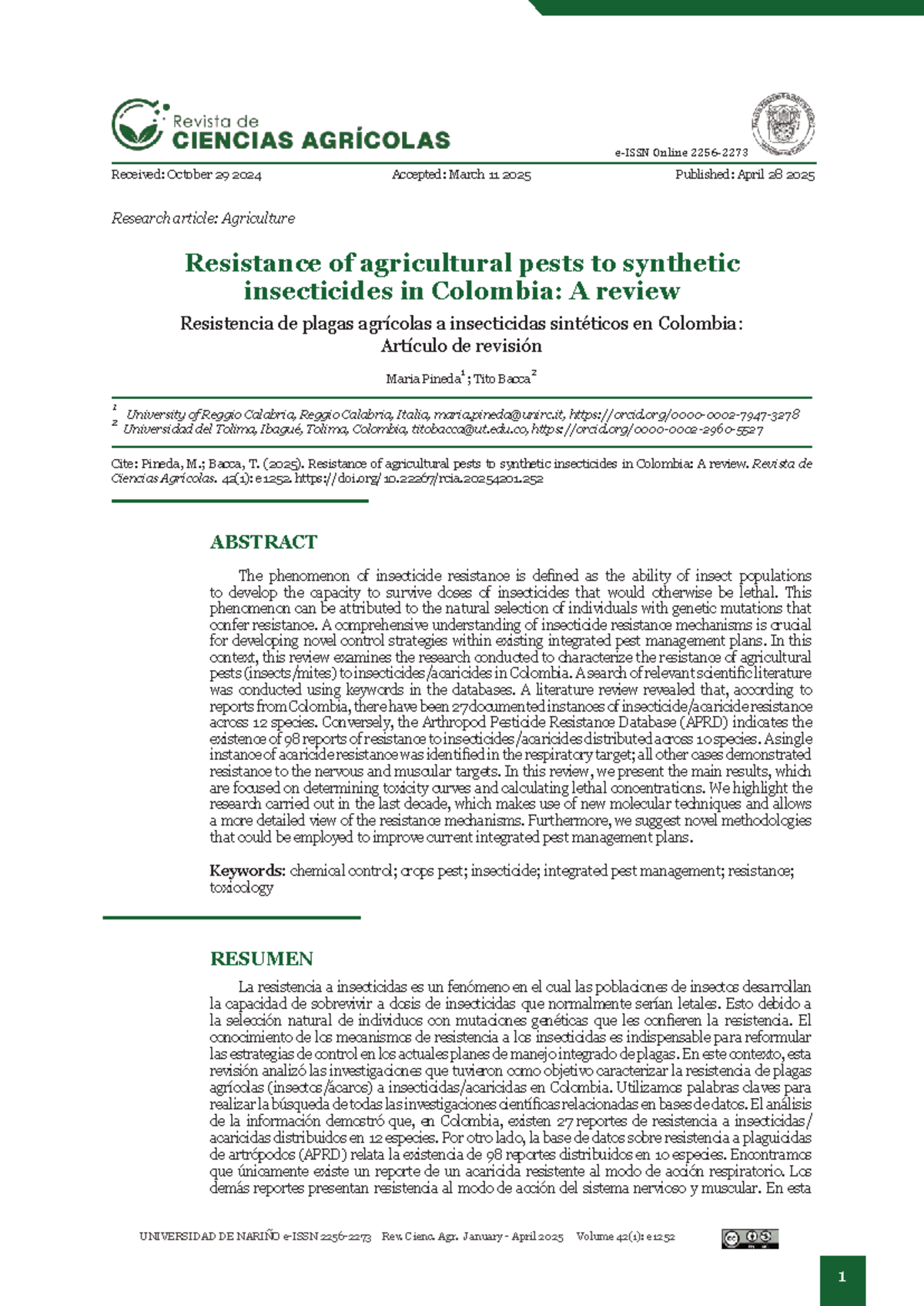 Resistance of Agricultural Pests to Synthetic Insecticides in Colombia ...