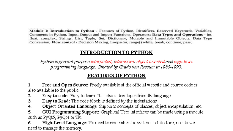 Python Programming Notes: An Introduction to Python Basics - Studocu