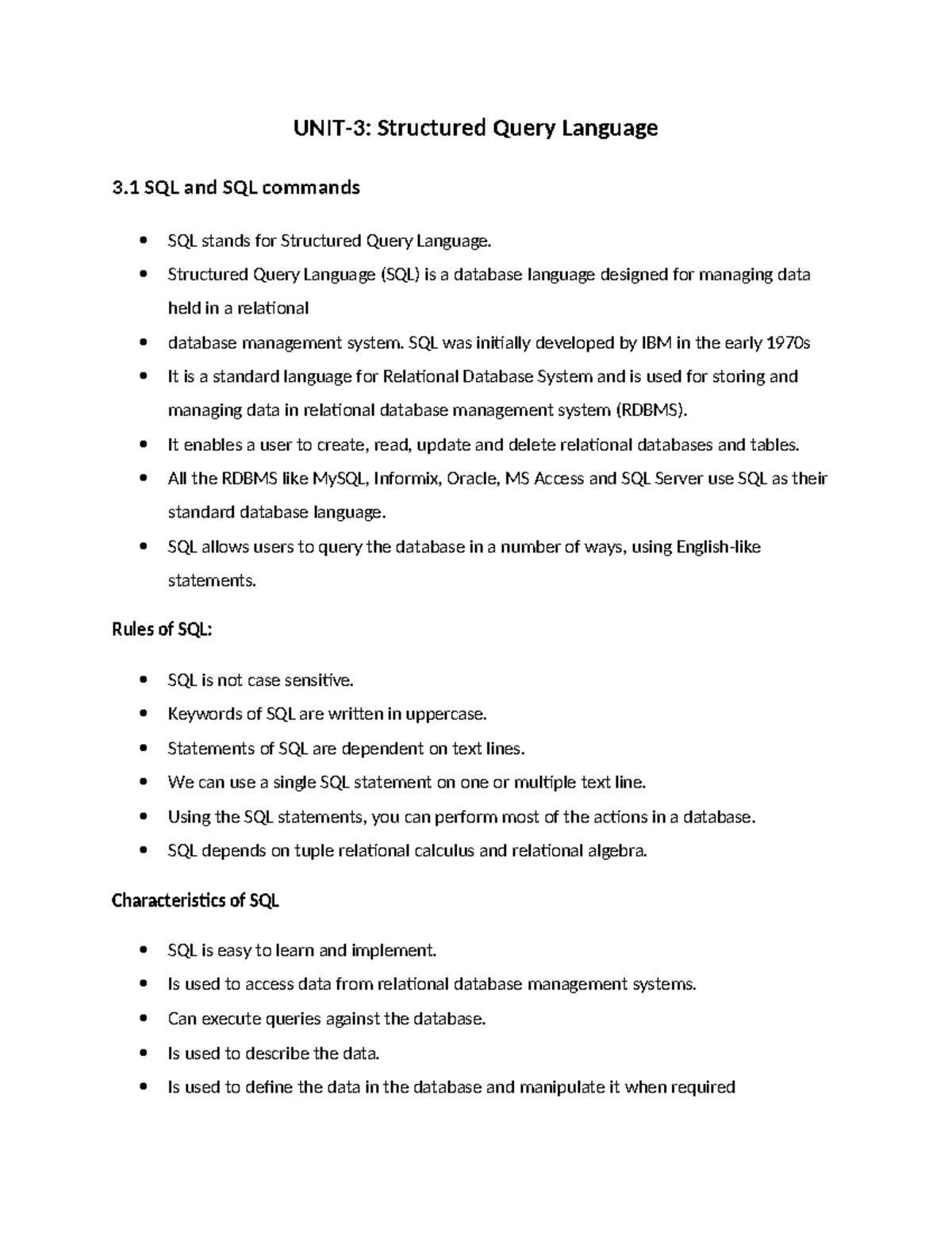 UNIT-III Lecture Notes on SQL Commands and RDBMS Concepts - Studocu