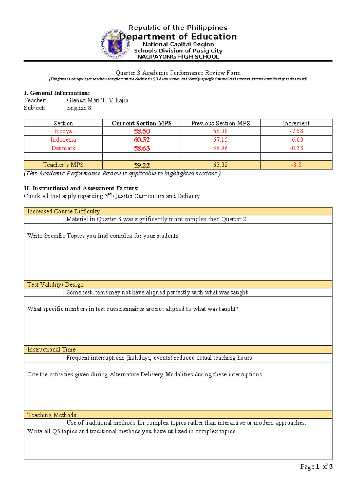 Academic Review Form for Low MPS - Q3 Performance Analysis - Studocu