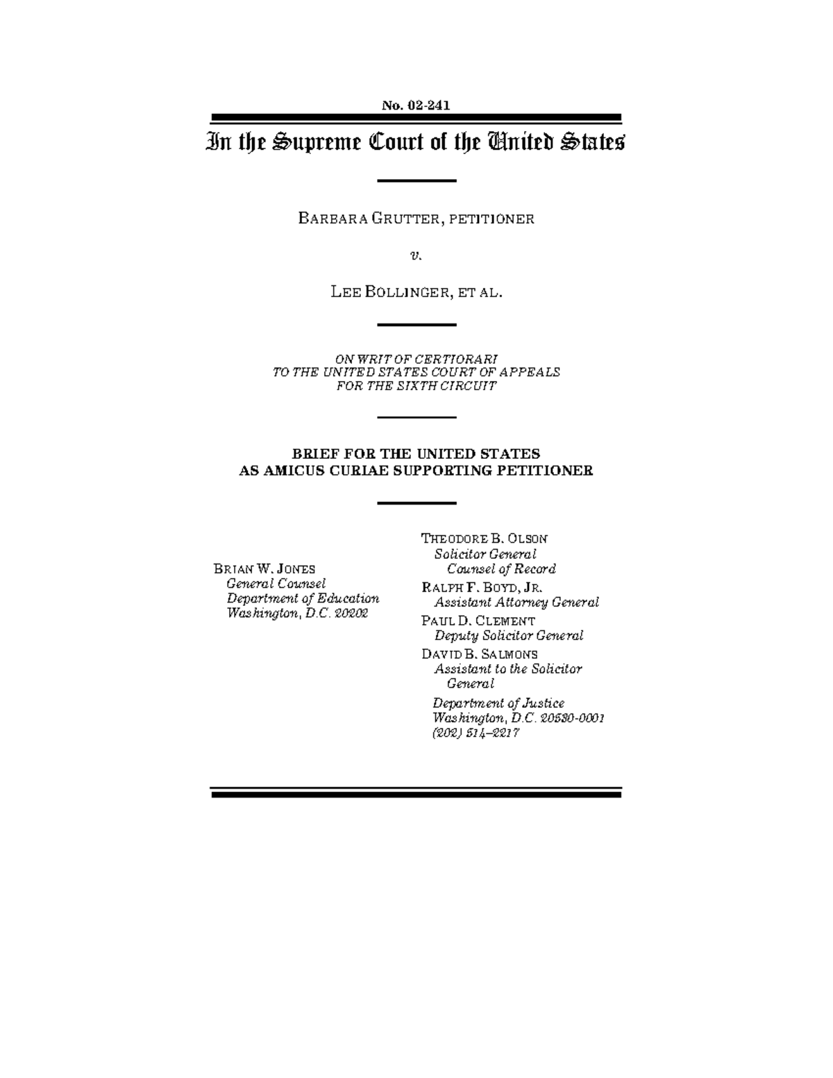 U.S. Supreme Court Case Brief: Grutter v. Bollinger, No. 02-241 ...