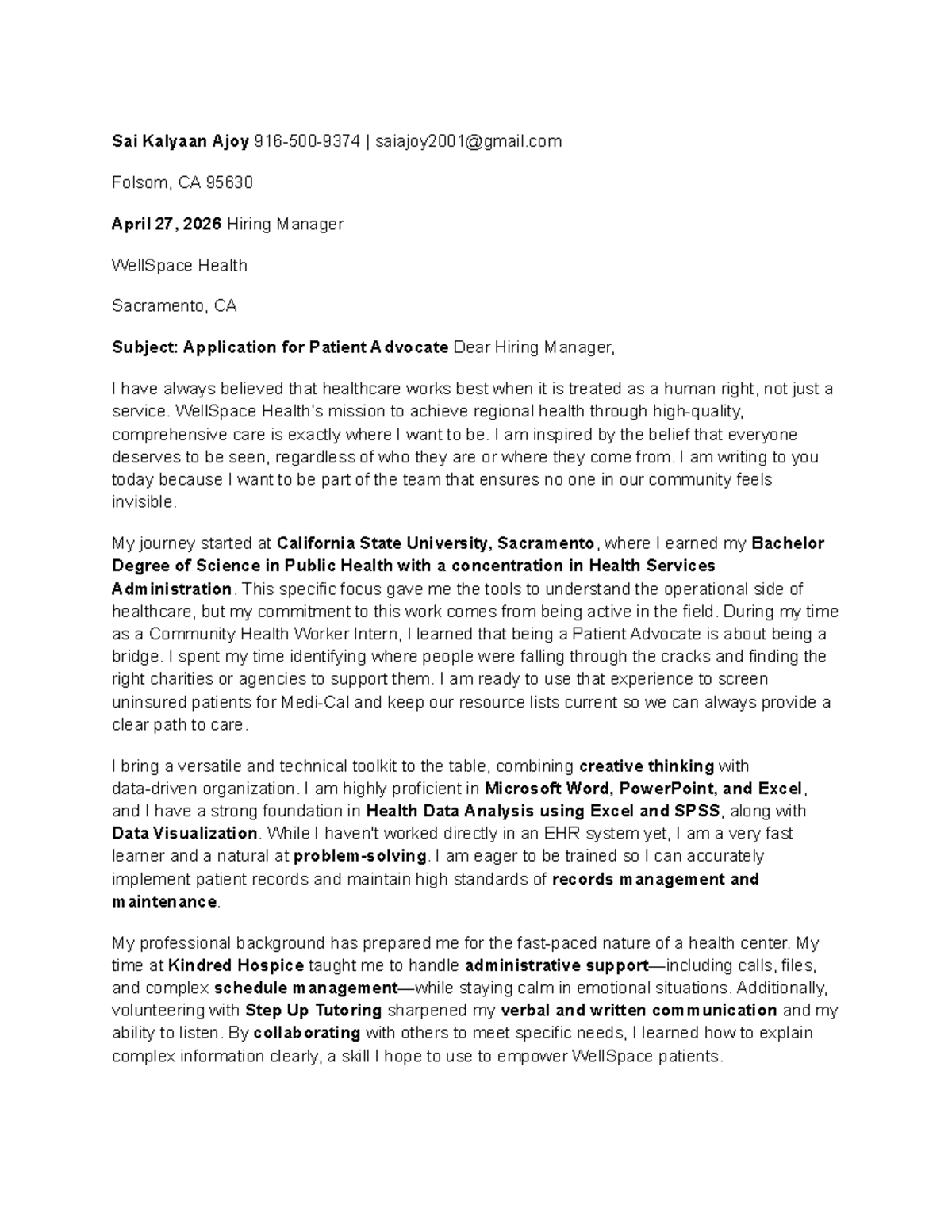 Cover Letter for Patient Advocate Position at WellSpace Health - Studocu